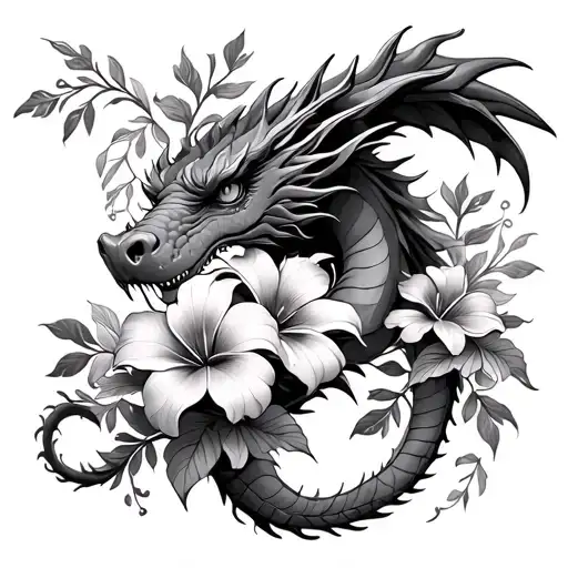 Make Me A Black And White Forearm Tattoo With A Dragon And Detailed Hawaiian Flowers
