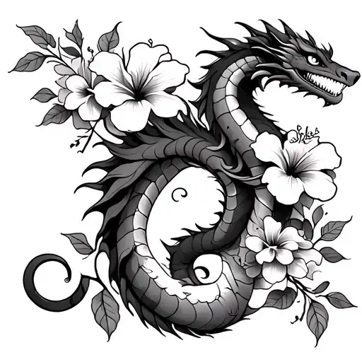 Make Me A Black And White Forearm Tattoo With A Dragon And Detailed Hibiscus Flowers