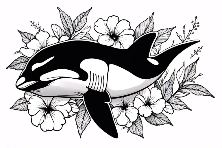 Orca Line Tattoo With Hibiscus Flowers Line Work Design