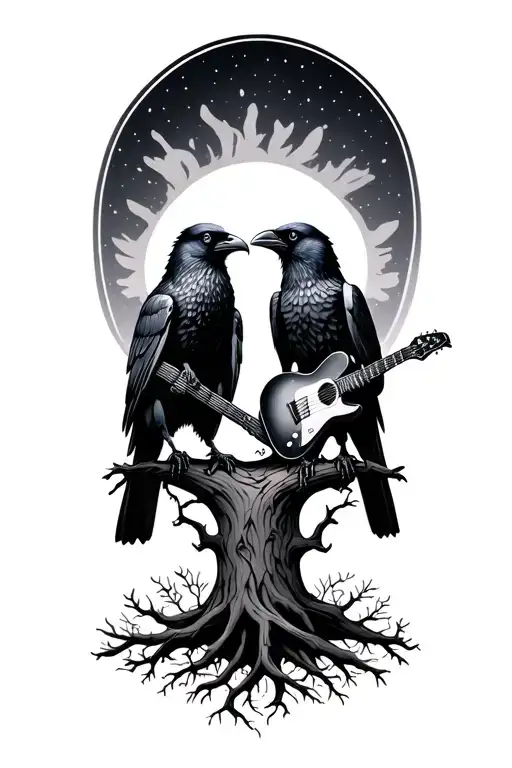 Tree With 2 Ravens Nordic Hugin Holding Guitars