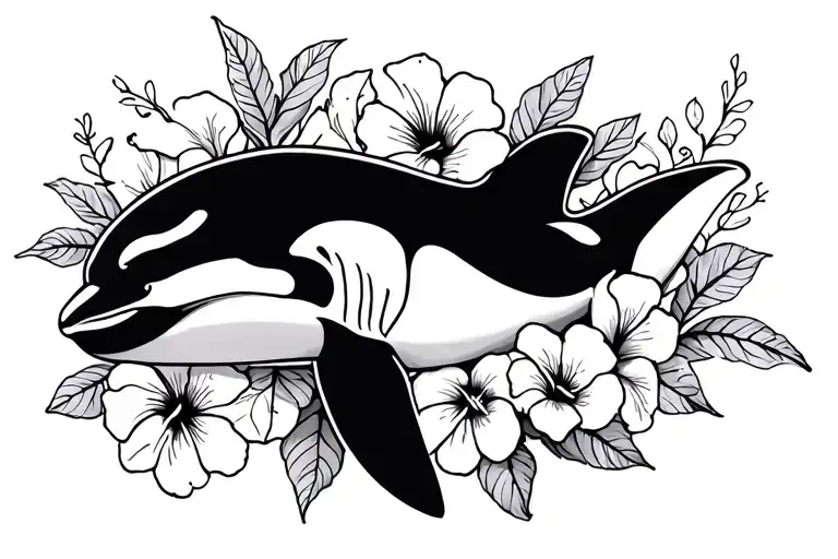 Orca Line Tattoo With Hibiscus Flowers Line Work Design