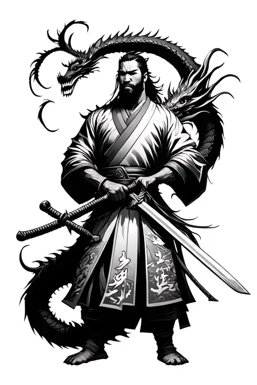 Samurai Standing Opening His Sword And Dragon Is A Reflection Off His Sword