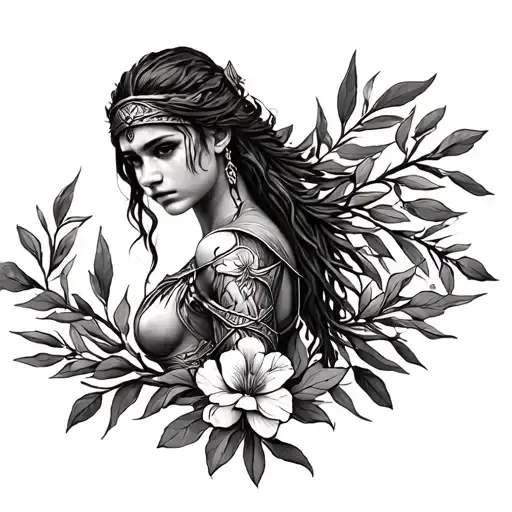 Kassandra From Assassins Creed Whole Body As Athena In Semi-realism With Olive Branches And Flowers