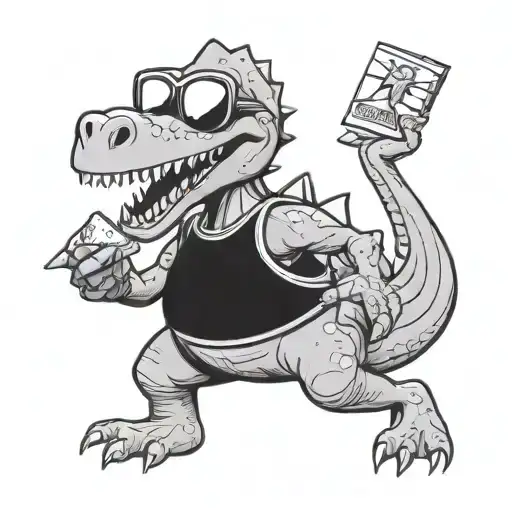 Black And White Caricature Drawing Of Dinosaur With Sunglasses Holding Happy Meal Box