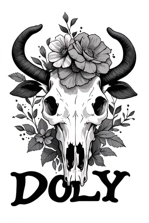 Cow Skull Flowers And Text 'Dolly'