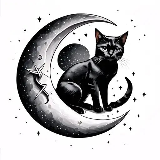 Crescent Moon With Black Cat Sitting On It And Sagittarius Constellation