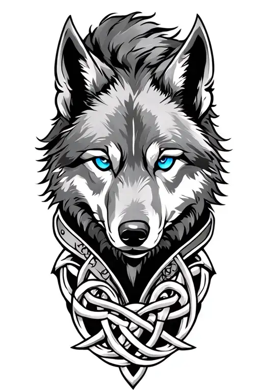 Wolf With Blue Eyes On Armor Tattoo Design Featuring Celtic Trinity Knot
