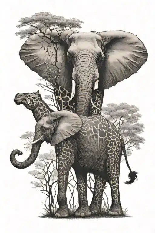 Elephant And Giraffe Standing Full Body Tall And Long