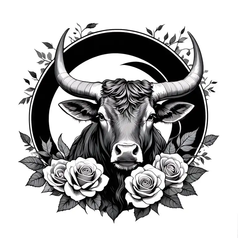 Taurus Bull With Roses And A Moon Surrounded