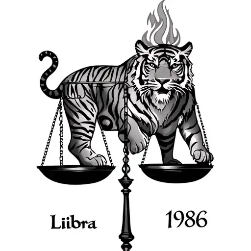 Tiger And Libra Scale Showing Balance And Fire And Music Key And Oct 1St 1986 In Roman Letters