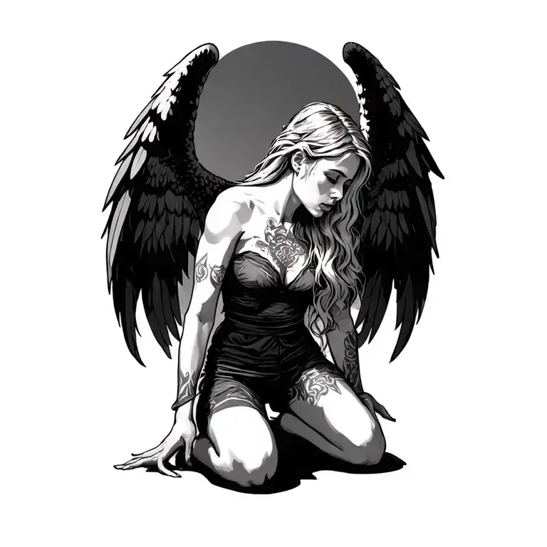 Ange Kneeling Down With Wngs Spread