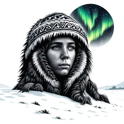 Eskimo Looking At Northern Lights With Igloo