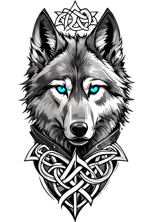 Wolf With Blue Eyes On Armor Tattoo Design Featuring Celtic Trinity Knot