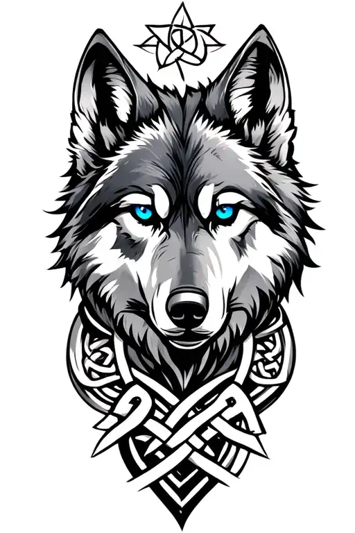 Wolf With Blue Eyes On Armor Tattoo Design Featuring Celtic Trinity Knot