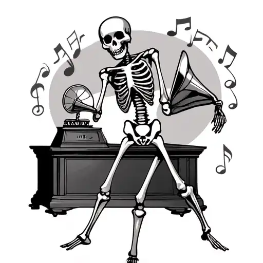 Dancing Skeleton In Front Of Gramophone Surrounded My Music