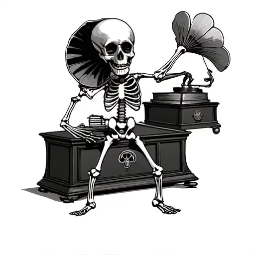 Dancing Grateful Dead Skeleton In Front Of Gramophone Surrounded My Music
