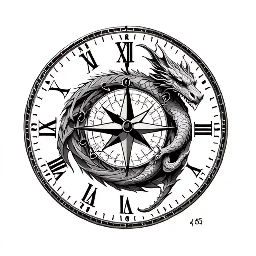 Clock And Compass With Dragon Intertwined