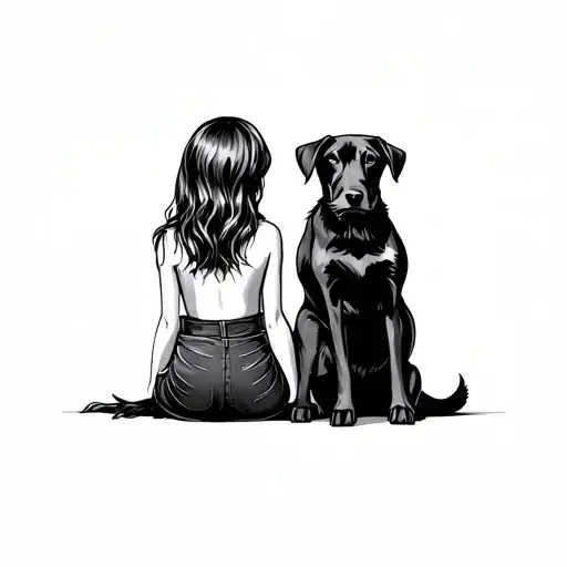 A Girl And A Dog Sitting Side By Side Back View