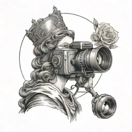 A Black-grey Portrait Of Saint Barbara With A Camera Lens As A Halo