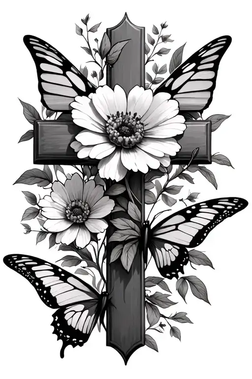 Cross With Flowers And Butterflies