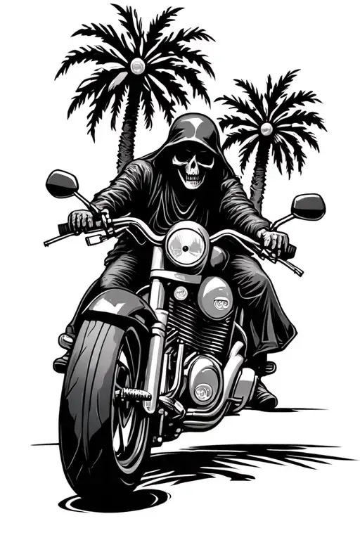 Grim Reaper On A Motorcycle With Palm Trees Going Down The Highway