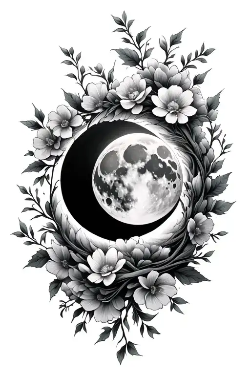 Moon Surrounded By Flowers Becoming Vines Wrapped Loosely