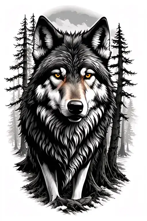 Wolf Blended Into Redwood Trees