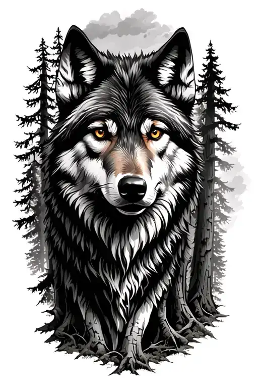 Wolf Face Blended Into Redwood Trees Growing