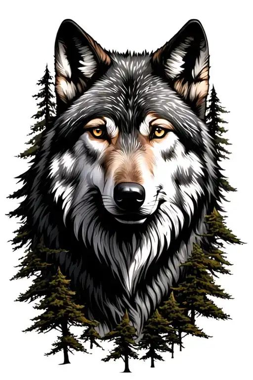 Wolf Face Blended Into Redwood Trees Growing