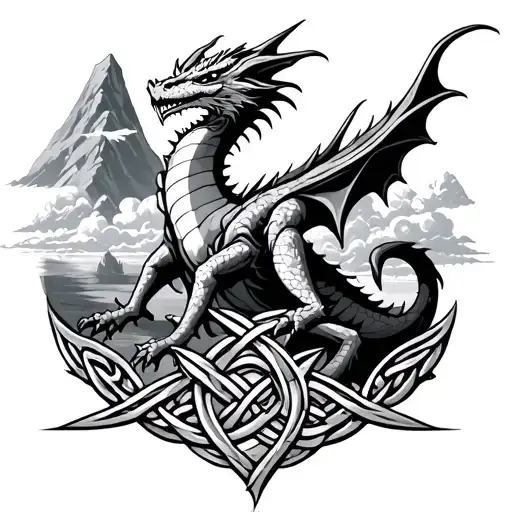 Beli Mawrarianrhodtaraniswelsh Dragonceltic Knot 3 Mountain In The Back Groundclouds Above