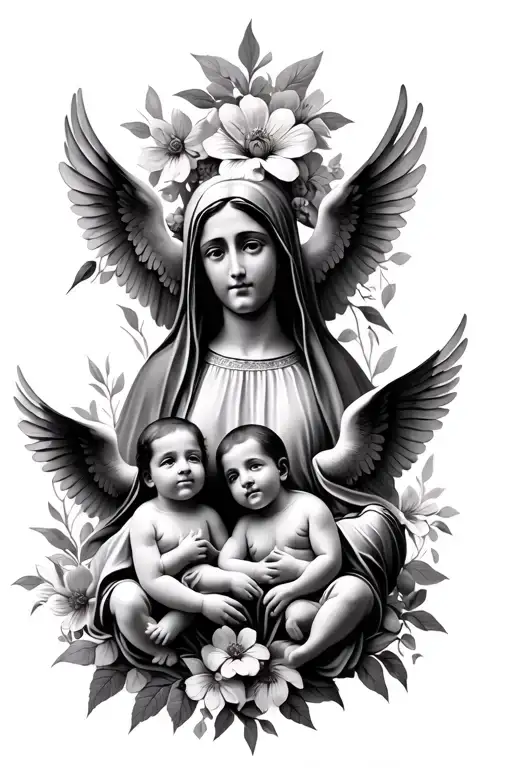 Mother Mary With 5 Baby Angels And Flowers Growing