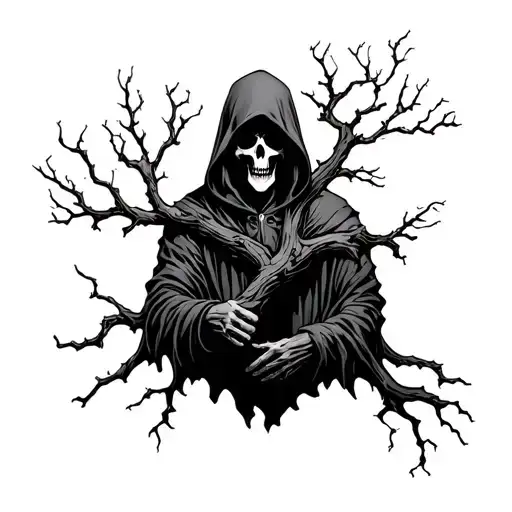 Hooded Reaper Holding Macabre Tree Branch