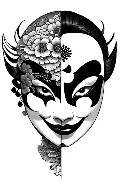 Hannya Mask Split In Half With Geisha