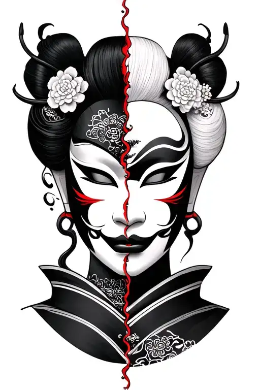 Hannya Mask Split In Half With Geisha