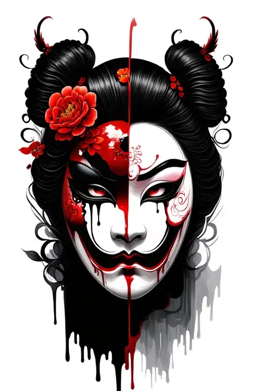 Hannya Mask Half With Geisha And Blood Tears