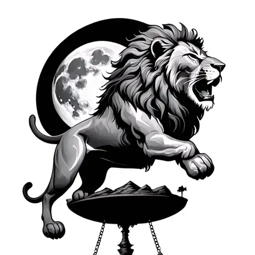 An Edgy Lion That Jumps On A Scale To Catch The Moon In A Beautiful Landscape