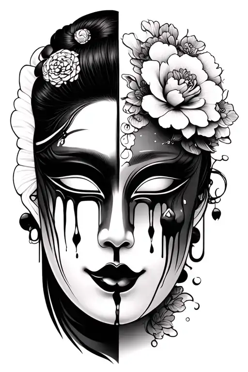 Noh Mask Half With Geisha And Blood Tears