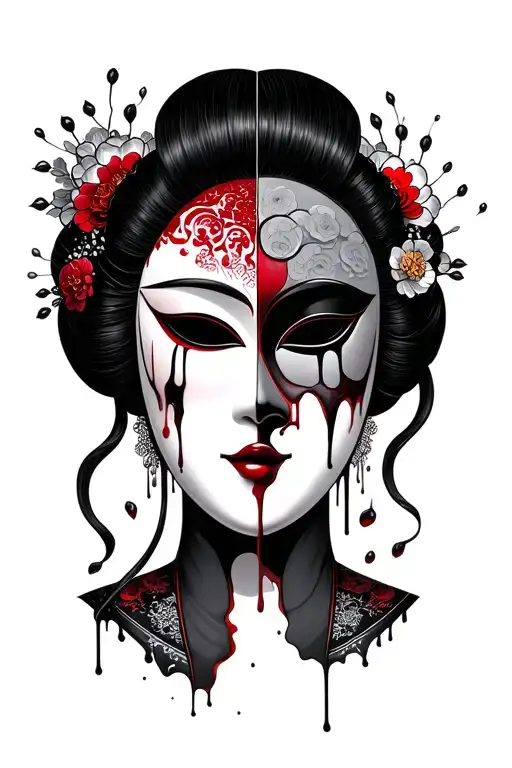 Noh Mask With Blood Tears Half With Geisha