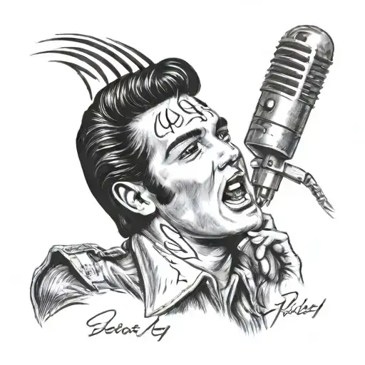 Elvis Presley Autograph Over Tcb Lightning With 50S Style Microphone In Background
