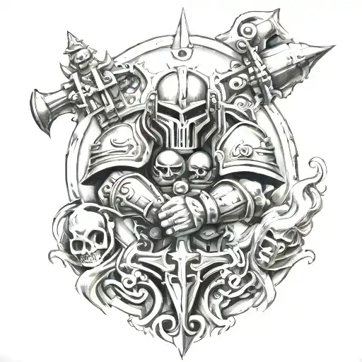 Chaos Space Marine Inspired Tattoo With A Legal Scroll And Warhammer Weapon