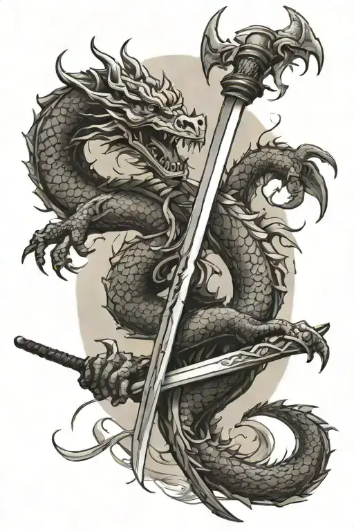 Katana And Dragon At Sunset