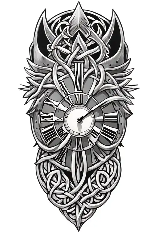 Clock On Armor Tattoo Design Featuring Celtic Trinity Knot