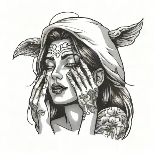 Evil Female Face Smiling While Covering Eyes With Her Hands