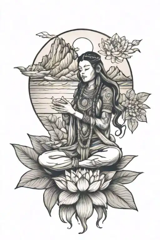 Beautiful Pachamama Sit On Lotus Holding Earth With Mountain Background Surrounded By Coco Leaves