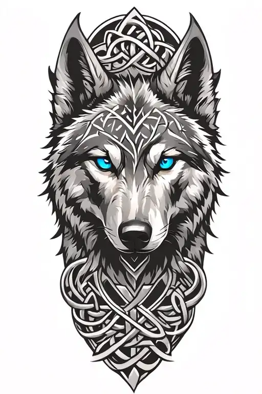Wolf With Blue Eyes On Armor Tattoo Design Featuring Celtic Trinity Knot