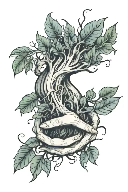 Root Growing With Hands Blue And Green Leaves