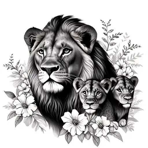 Lioness And 2 Lion Cubs Surrounded By Flowers