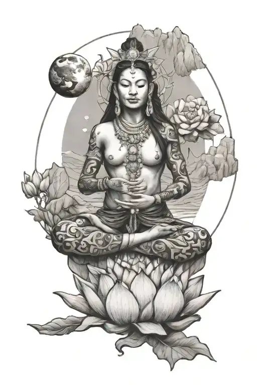Beautiful Pachamama Sit On Lotus Holding The Earth With Mountain Background
