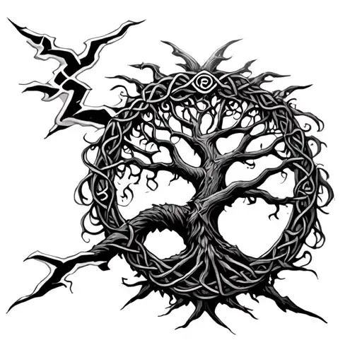 Celtic Tree Of Life And Lightning Storm And Odin