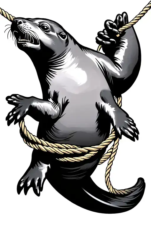Full Sea Lion Dragging A Rope Intertwined